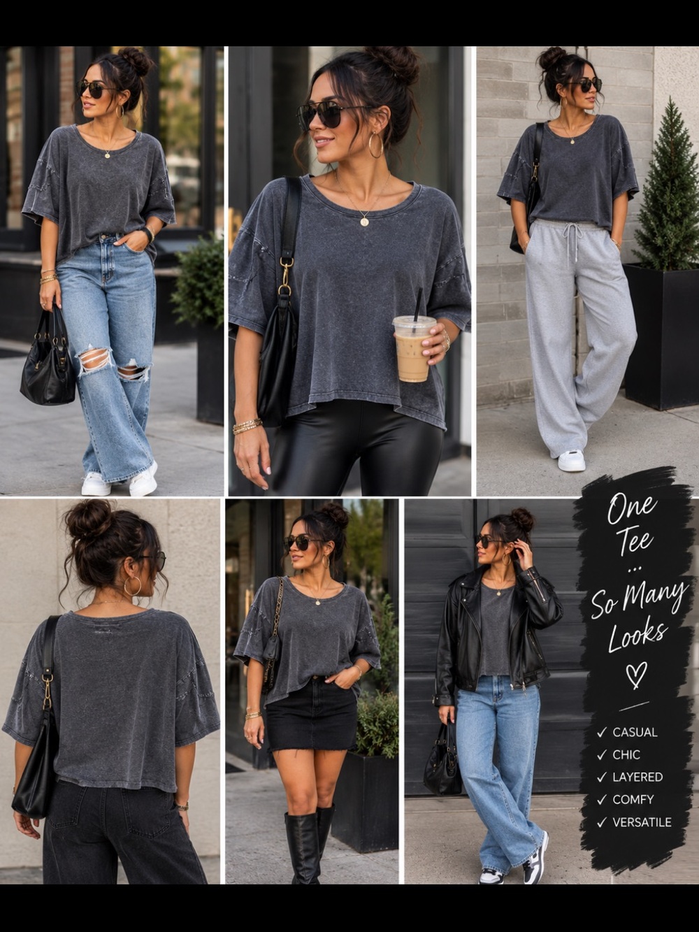 Washed Charcoal Crewneck Tee - Casual Women's Top